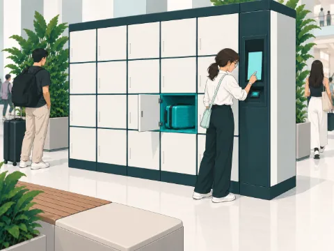 Illustration: she types her PIN on the touchscreen; her suitcase waits in the open locker beside her.