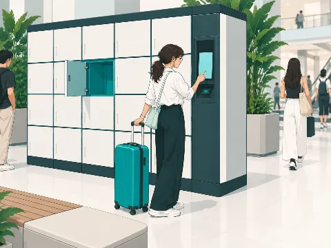 Illustration: a traveller taps the touchscreen on the locker terminal to choose a locker.