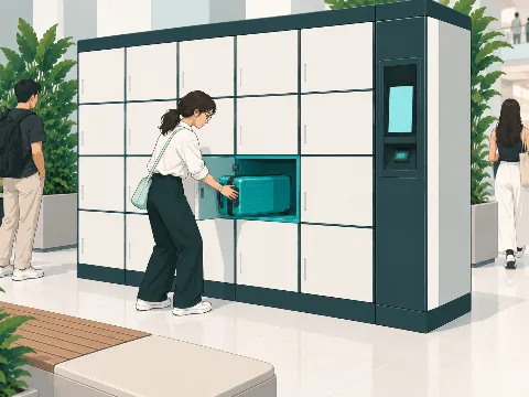 Illustration: she slides her suitcase into the open locker.