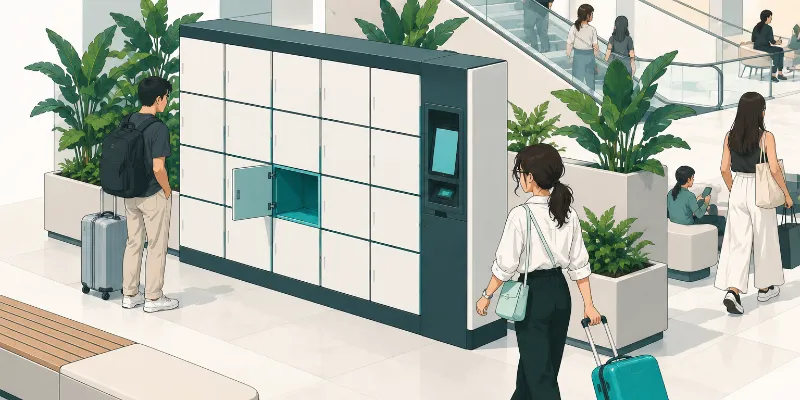 Illustration: a BagDrop locker bank on a shopping-centre floor, between planters and seating, as shoppers pass.